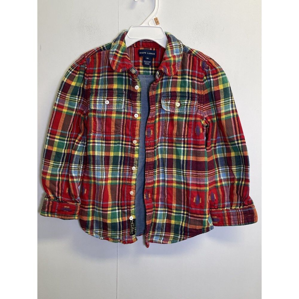Ralph Lauren Little Girls 6X Plaid Shirt Jacket Layered Aztec Southwestern Red